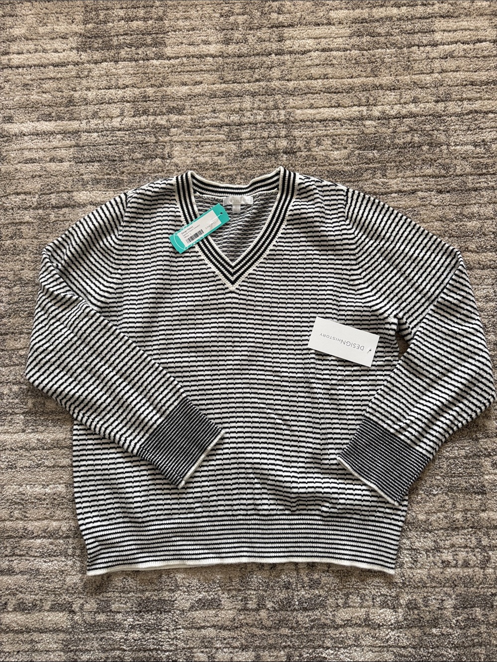 Women’s Black and White Striped V-Neck Sweater